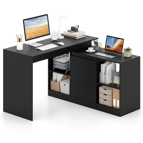Tangkula L-Shaped 48" Reversible Corner Writing Desk with 2-Way Cabinet & 4 Storage Compartments