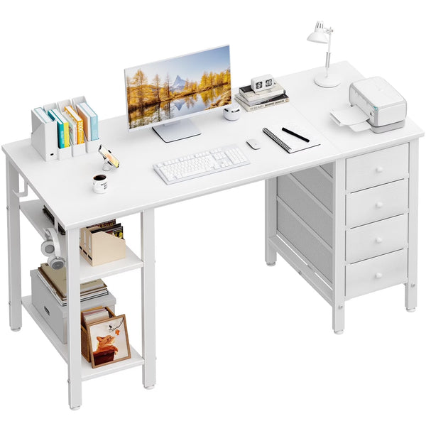 Lufeiya White Desk with Drawers & Storage Shelves, 47 in Study Work Writing Desk for Home Office Bedroom, Simple Modern Cute PC Computer Desks Table, White