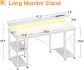 ODK 48 in Gaming Desk with LED Lights & Power Outlets, Computer Desk with Monitor Stand & Storage Shelves, CPU Stand, Home Office Desk, White