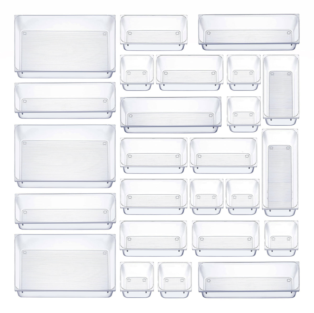 Seseno 25 Pcs Drawer Organizer Set Dresser Desk Drawer Dividers - 4 Size Bathroom Vanity Cosmetic Makeup Trays - Multipurpose Clear Plastic Storage