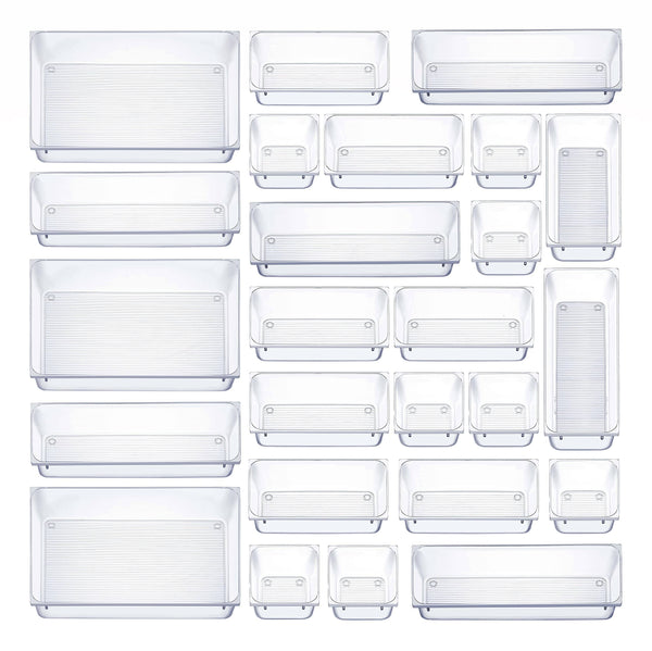 Seseno 25 Pcs Drawer Organizer Set Dresser Desk Drawer Dividers - 4 Size Bathroom Vanity Cosmetic Makeup Trays - Multipurpose Clear Plastic Storage