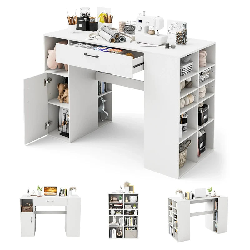 53" Counter Height Sewing Craft Table with 14 Storage Cubes, Large Drawer, Cabinet & Adjustable Shelf, 36" Artwork Workstation Drafting Writing Desk