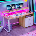 Dextrus 47 in Computer Desk with Storage Drawers & LED Light, Office Desk with Monitor Stand & Power Outlets, Work Study PC Desk for Small Spaces, Home Office, Oak