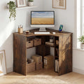 Tangkula 90-Degree Triangle Corner Desk with Charging Station & Open Storage Shelves