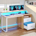 Dextrus 47 in Computer Desk with Storage Drawers & LED Light, Office Desk with Monitor Stand & Power Outlets, Work Study PC Desk for Small Spaces, Home Office, Oak