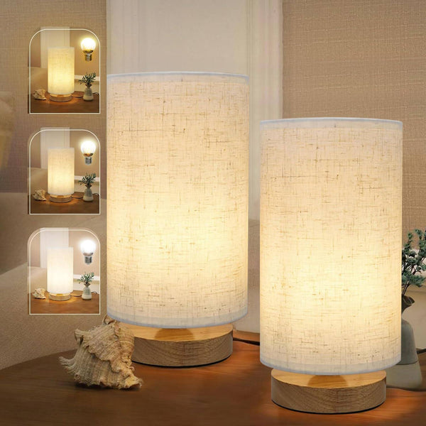 Minimalist Bedside Table Lamps for Bedrooms Set of 2, 3 Color Temperature Bedside Lamps with Round Fabric Linen Shade,Small Desk Lamp Night