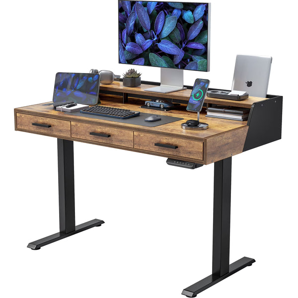 FEZIBO Electric Standing Desk with 3 Drawers & Monitor Shelves, 48 x 26 in Sit Stand Home Office Desk, Rustic Brown