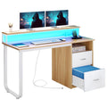 Dextrus 47 in Computer Desk with Storage Drawers & LED Light, Office Desk with Monitor Stand & Power Outlets, Work Study PC Desk for Small Spaces, Home Office, Oak
