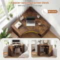 Tangkula 90-Degree Triangle Corner Desk with Charging Station & Open Storage Shelves