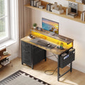 40 in Computer Desk with Power Outlets & LED Lights, Home Office Desk with 3 Drawers & Adjustable Monitor Shelf, , Writing Desk with Storage Bag, Vintage