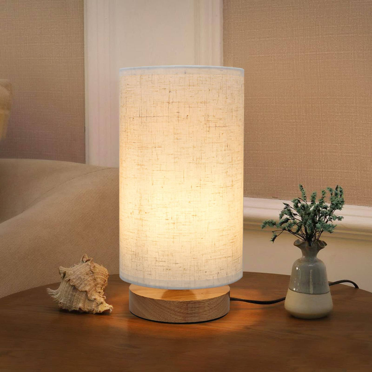 Small Bedside Night Table Lamp for Bedroom, Minimalist Nightstand Lamp with Round Fabric Linen Shade, Study Reading Desk Lamp for Kids Room, Living