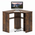 Tangkula 90-Degree Triangle Corner Desk with Charging Station & Open Storage Shelves