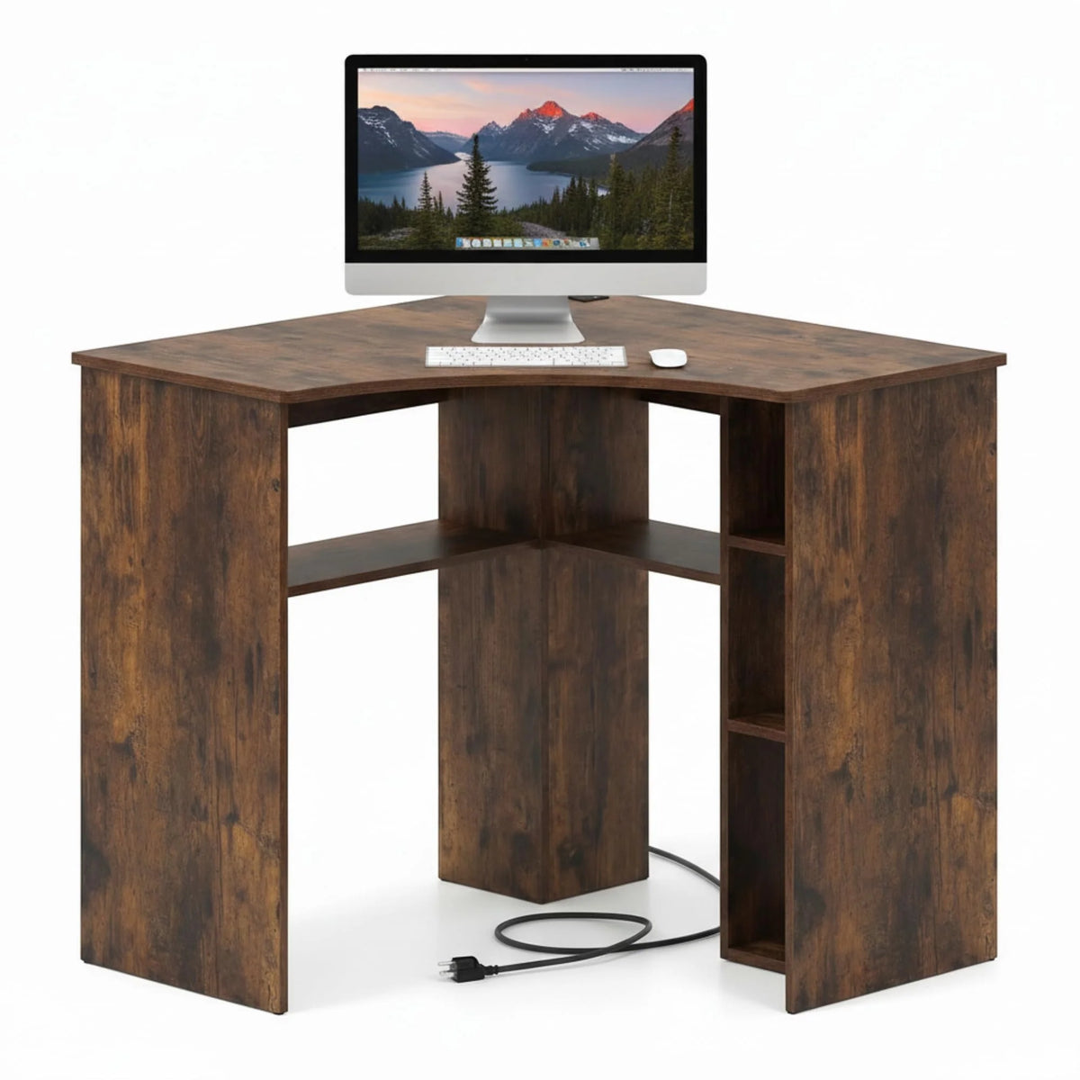 Tangkula 90-Degree Triangle Corner Desk with Charging Station & Open Storage Shelves