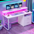Dextrus 47 in Computer Desk with Storage Drawers & LED Light, Office Desk with Monitor Stand & Power Outlets, Work Study PC Desk for Small Spaces, Home Office, Oak