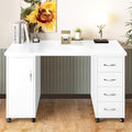 Sesslife White Computer Desk, Writing Desk with Lockable Wheels???modern Wood Study Desk with 4 Drawers for Home Office Workstation